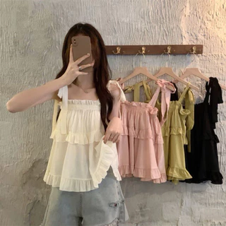 เสื้อสายเดียวคอเหลี่ยมผูกไหล่ ทรงเรียบๆน่ารักสไตล์เกาหลี