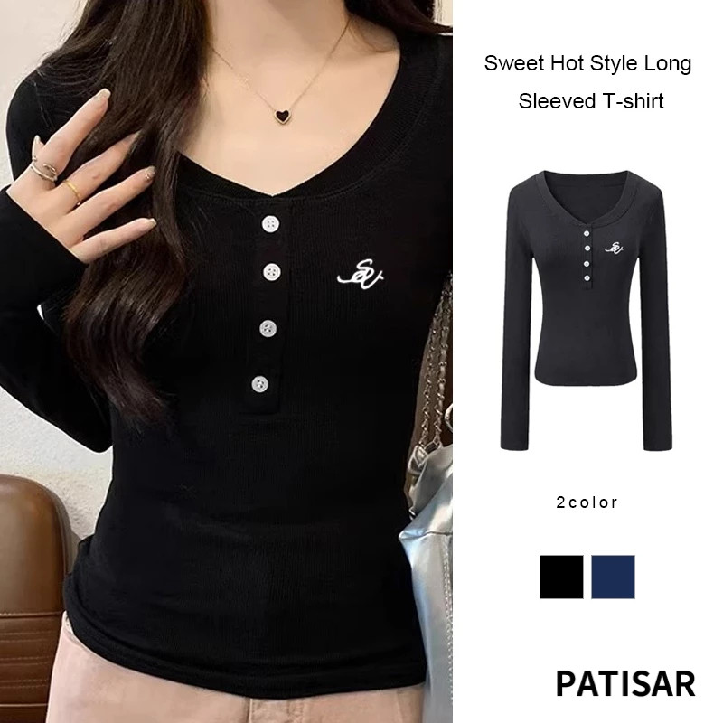 เสื้อยืดแขนยาวสไตล์หวานร้อนเสื้อยืดปุ่มย้อนยุคผู้หญิงสั้นสลิมฟิตติ้งด้านบน PR