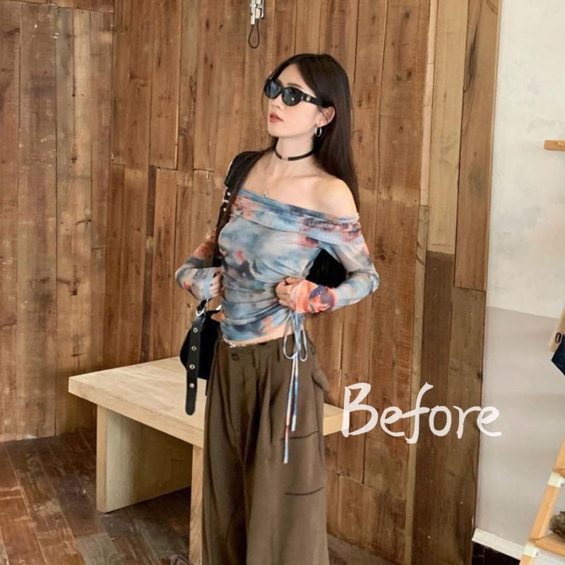 หวานสาวร้อนปิดไหล่ด้านบนDrawstringพิมพ์เสื้อยืดแขนยาวผู้หญิงเก๋ผ้ากอซด้านบน BF - รูปที่ 5