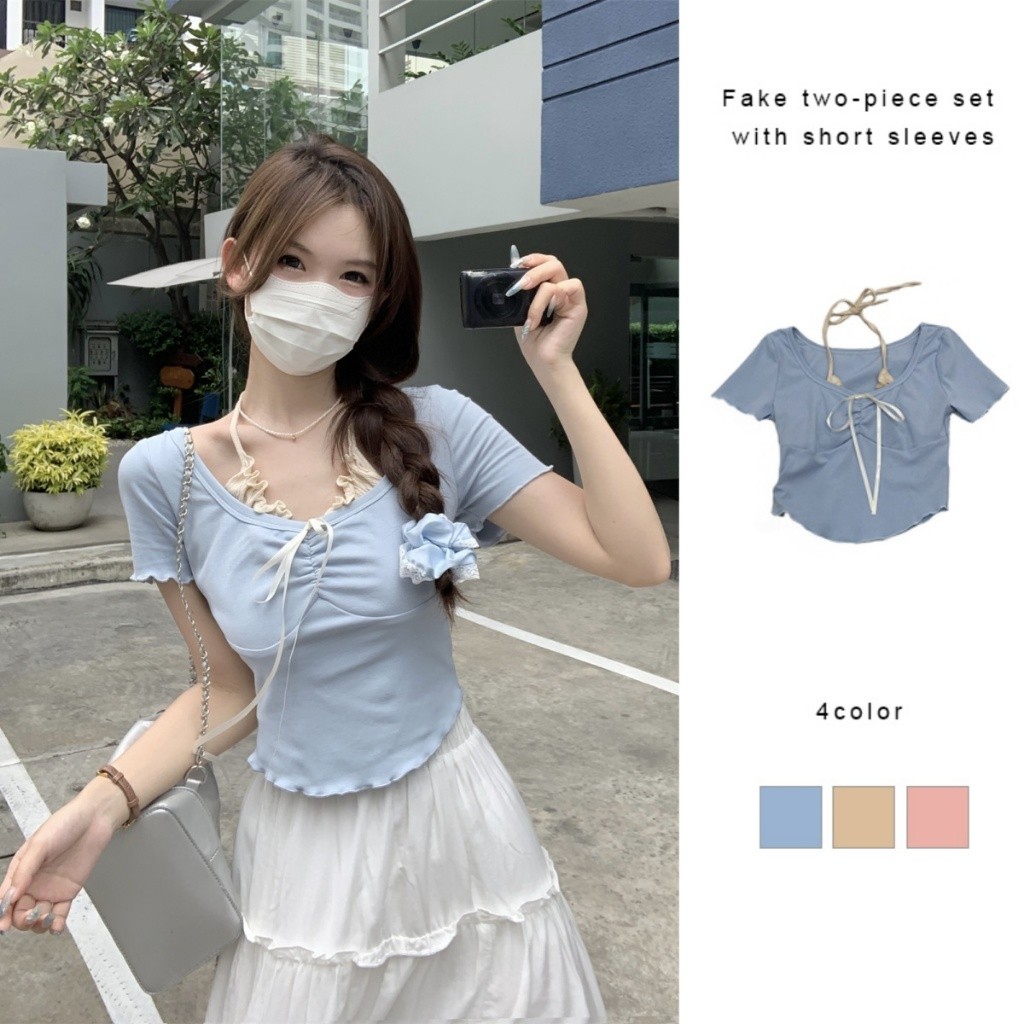 พร้อมส่ง เสื้อครอปแขนสั้น คอกลม ดีเทลแต่งเย็บ2ชั้น สีพาสเทล LIVE