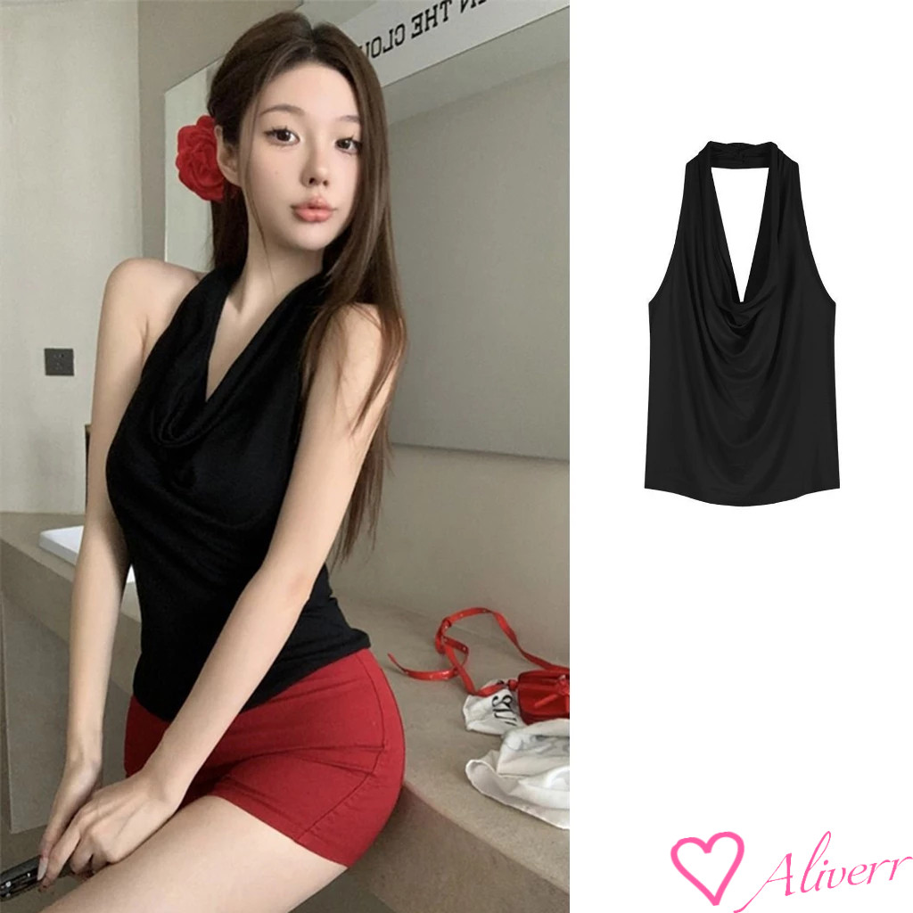 สาวร้อนบางยกทรงกระชับ เสื้อกั๊กแขวนคอแกว่ง ความรู้สึกการออกแบบลำลองด้านบนจีบ LIVE