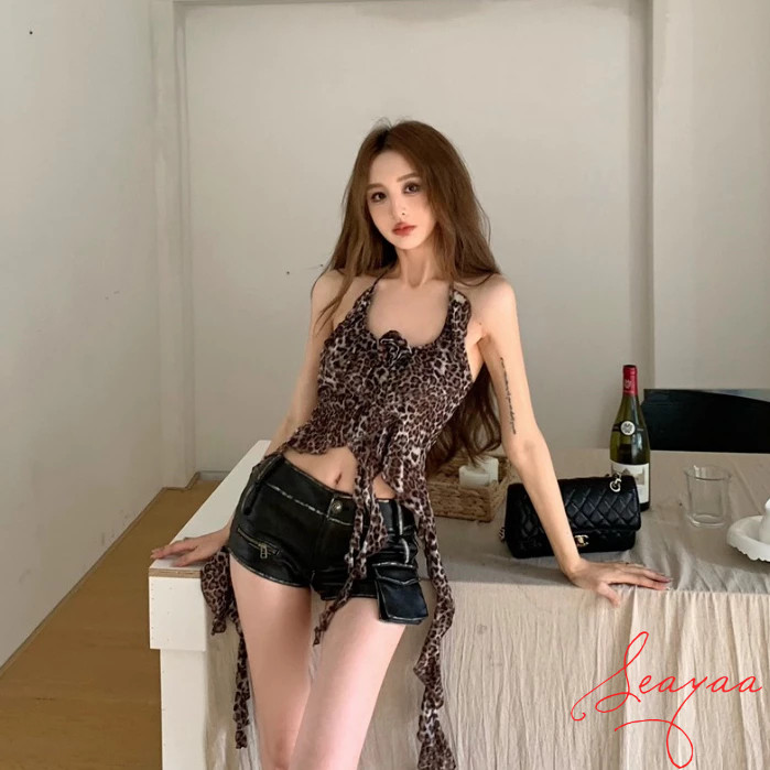 สาวร้อนเสือดาวพิมพ์ Camisole ผู้หญิงเอว Retraction Top ริบบิ้นแขวนคอเสื้อกั๊ก SY