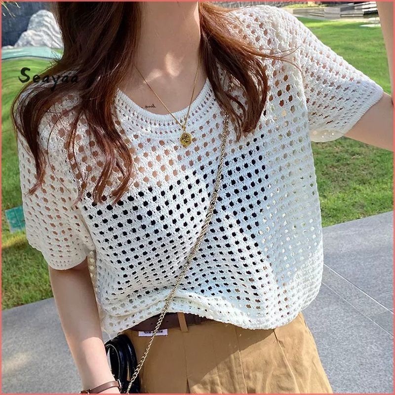 Hollow Top Women Short Sleeve Knitted Shirt Loose Round Neck Ice Silk Unique Mesh Blouse