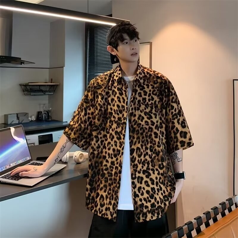 เสื้อเชิ้ตแขนครึ่งลําลอง ป้องกันแดด พิมพ์ลายเสือดาว สไตล์ฮาวาย เหมาะกับเดินชายหาด แฟชั่นสําหรับผู้ชา - รูปที่ 6