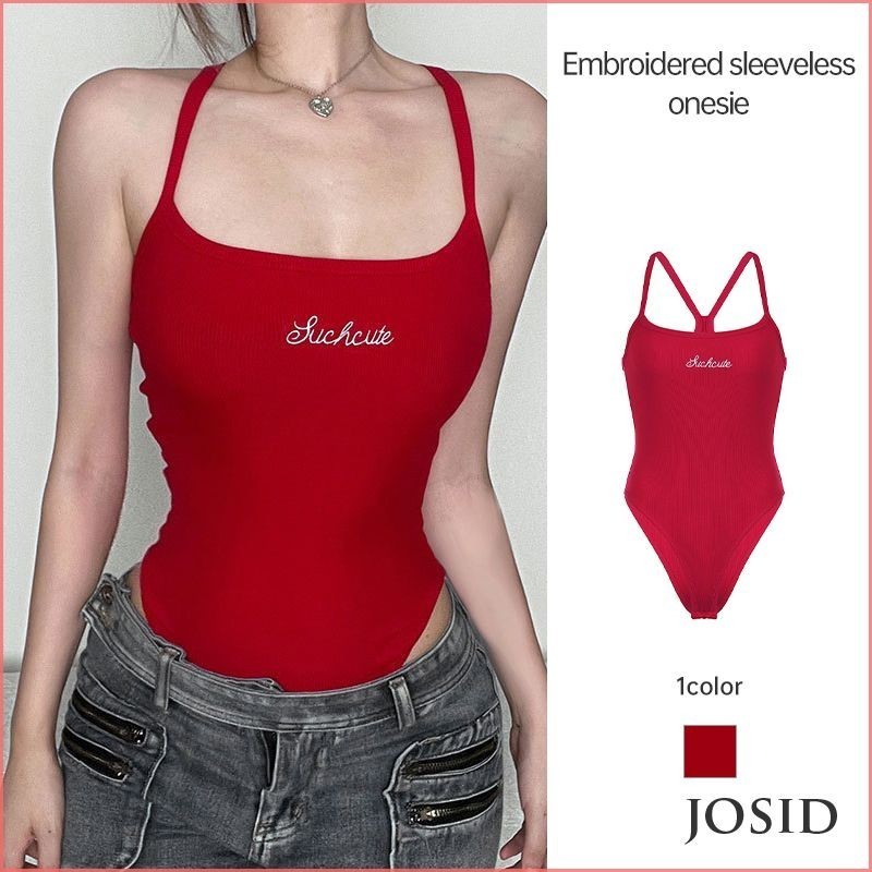 สีขาวเสื้อ Bottoming สีแดงปักชุดบอดี้สูทแขนกุดผู้หญิง Slim กระชับเสื้อกั๊กคอต่ำ JD
