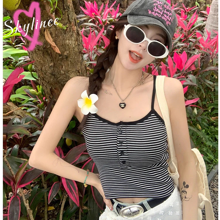 🌟พร้อมส่ง🌟เสื้อสายเดี่ยว ฟองน้ำในตัวเย็บติดเนื้อผ้า ลายทาง พร้อมแผ่นรองหน้าอก ทรงสวยใส่สบายผ้านิ่มตกเเต่งกน LIVE