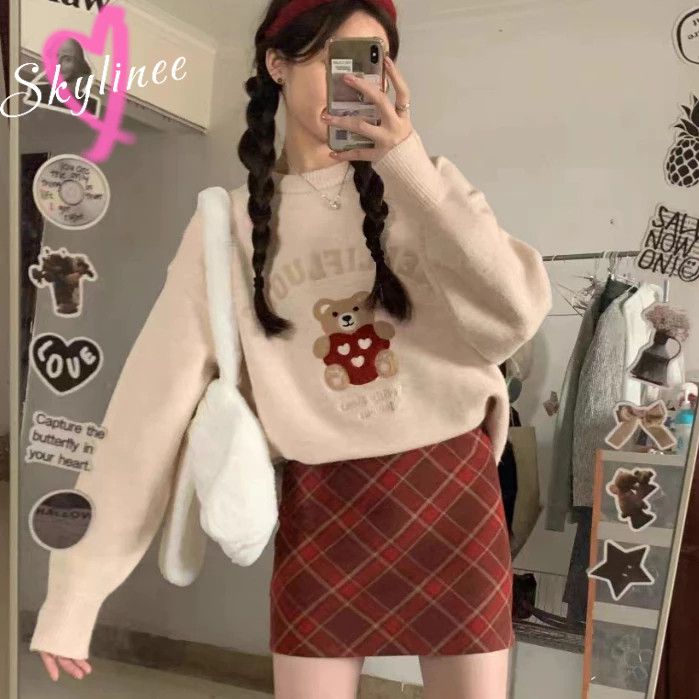 Retro Check กระโปรงเอวสูงสาวร้อนกระโปรงสั้นเซ็กซี่ A-Line สะโพกห่อกระโปรง SL