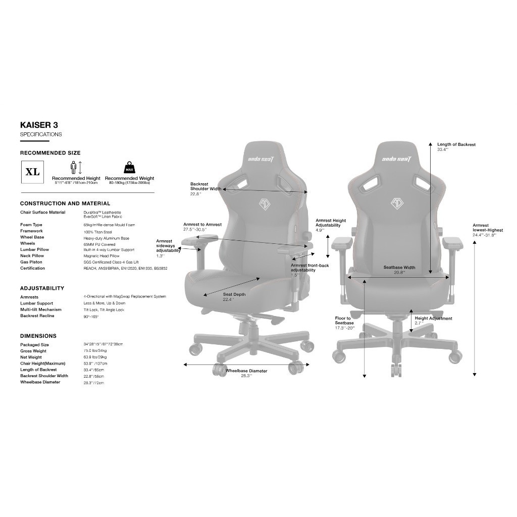 Anda Seat Kaiser 3 Size XL เก้าอี้เกมมิ่งตัวใหญ่ นั่งสบาย รองรับสรีระ ประกัน 6 ปี [AD12YDC-XL-01] รูปที่ 5