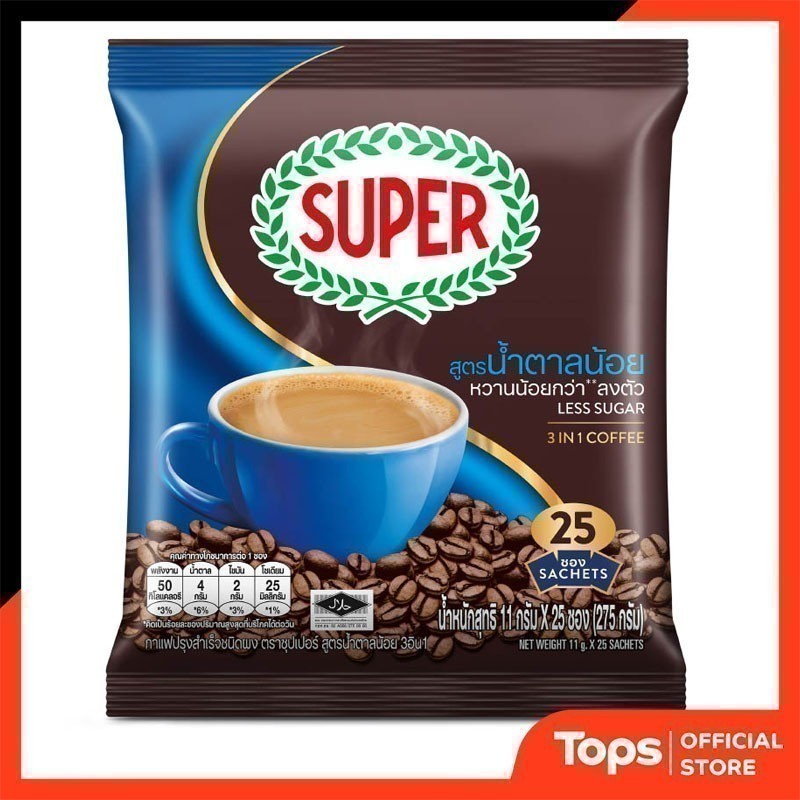 SUPER ซุปเปอร์กาแฟปรุงสำเร็จชนิดผงสูตรน้ำตาลน้อย 11กรัม แพค 25 [8888240000354]