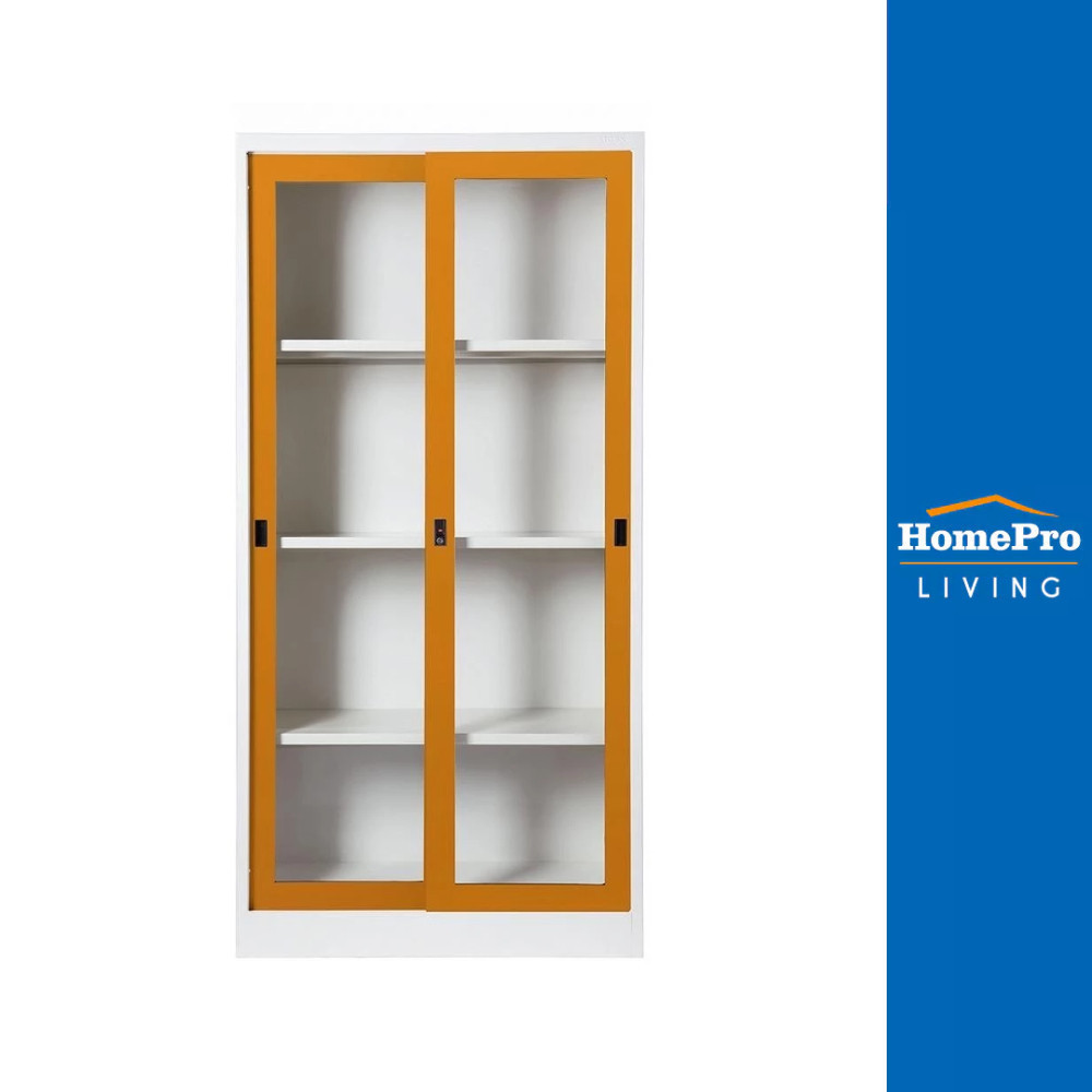 [จัดส่งพร้อมประกอบ] HomePro ตู้เหล็กสูงบานเลื่อนกระจก SGD-18 สีส้ม แบรนด์ KIOSK