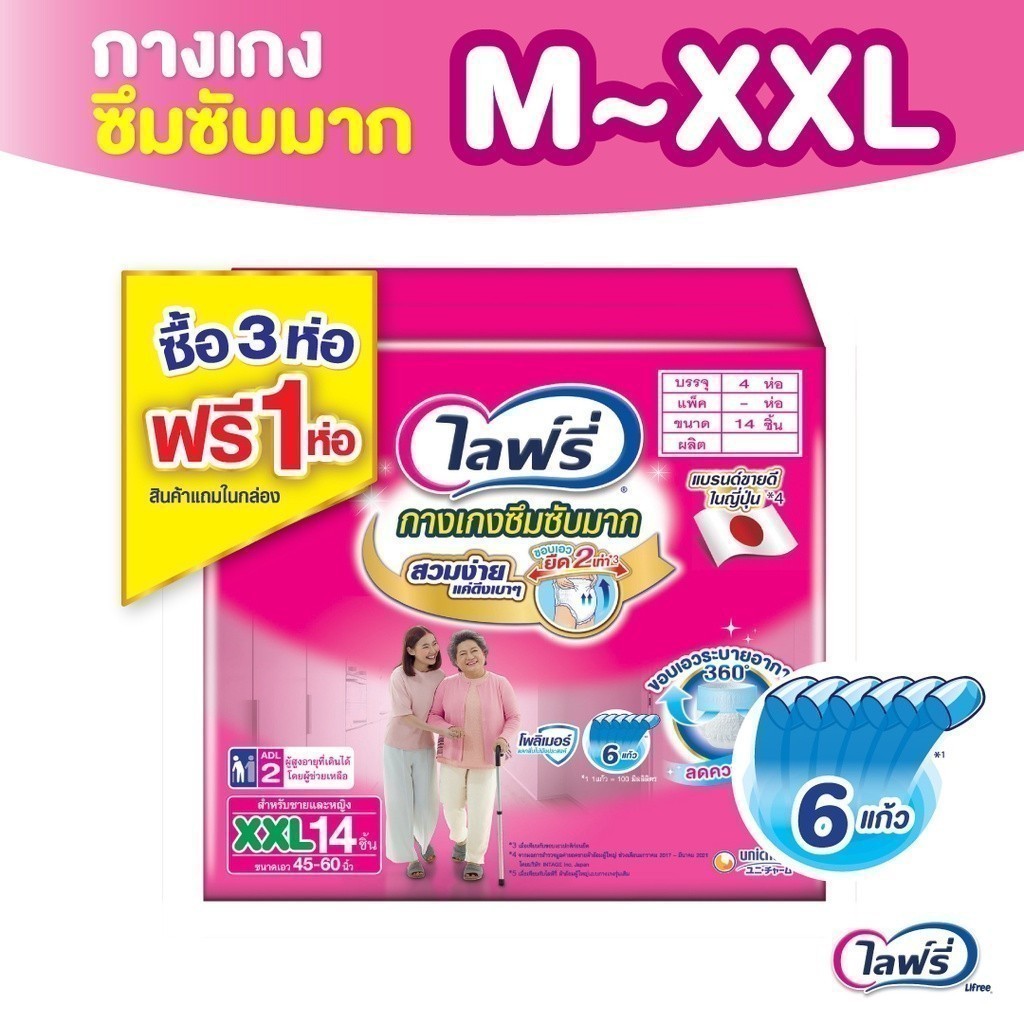 ซื้อ [เลือกไซส์เลย] ไลฟ์รี่ Lifree ผ้าอ้อมผู้ใหญ่ กางเกงซึมซับมาก ไซส์ M - XXL (3+1 แพ็ค)