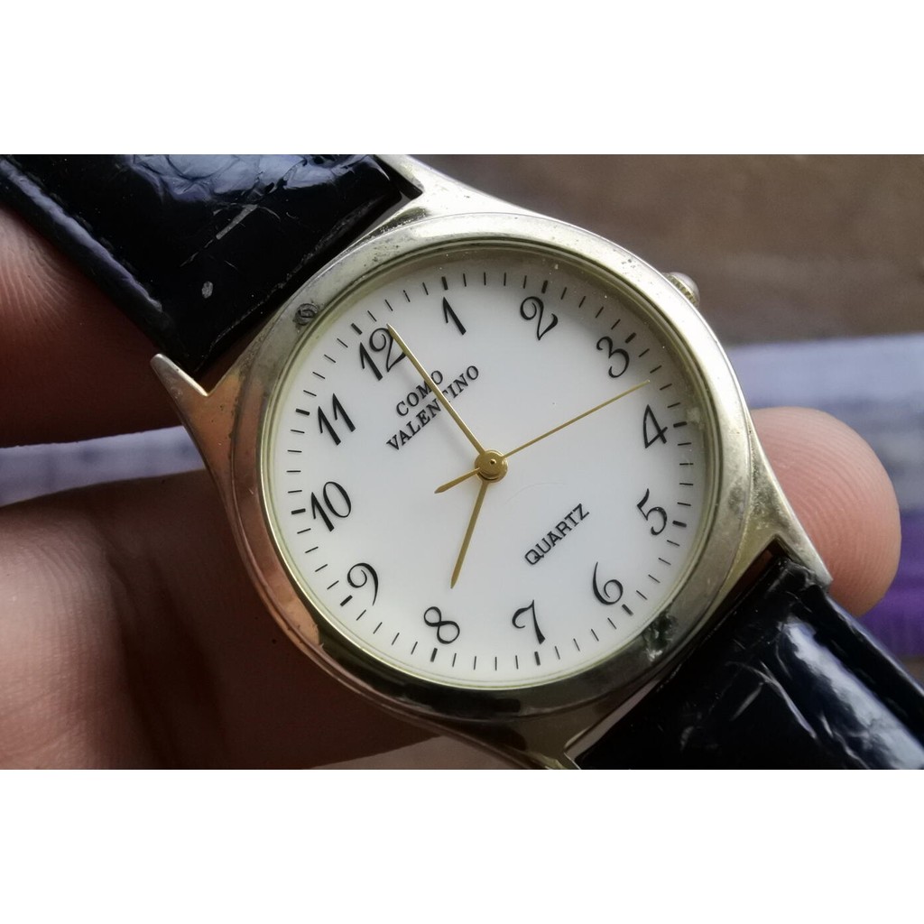 นาฬิกา Vintage มือสองญี่ปุ่น COMO VALENTINO QUARTZ ผู้ชาย ทรงกลม กรอบเงิน หน้าขาว  34มม สายหนัง