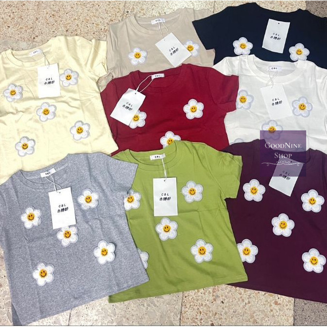 GN พร้อมส่ง เสื้อยืดคอกลมแขนสั้นสีพื้นปักดอกไม้ smile 3Dใส่ชิวๆสวยๆได้ทุกโอกาสผ้าเนื้อดีใส่สบายงานป้าย