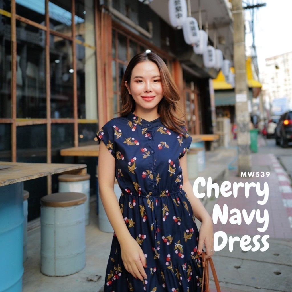 MyWay Brand : เดรสคอจีนสีกรม Dress ชุดเดรส Cherry Navy