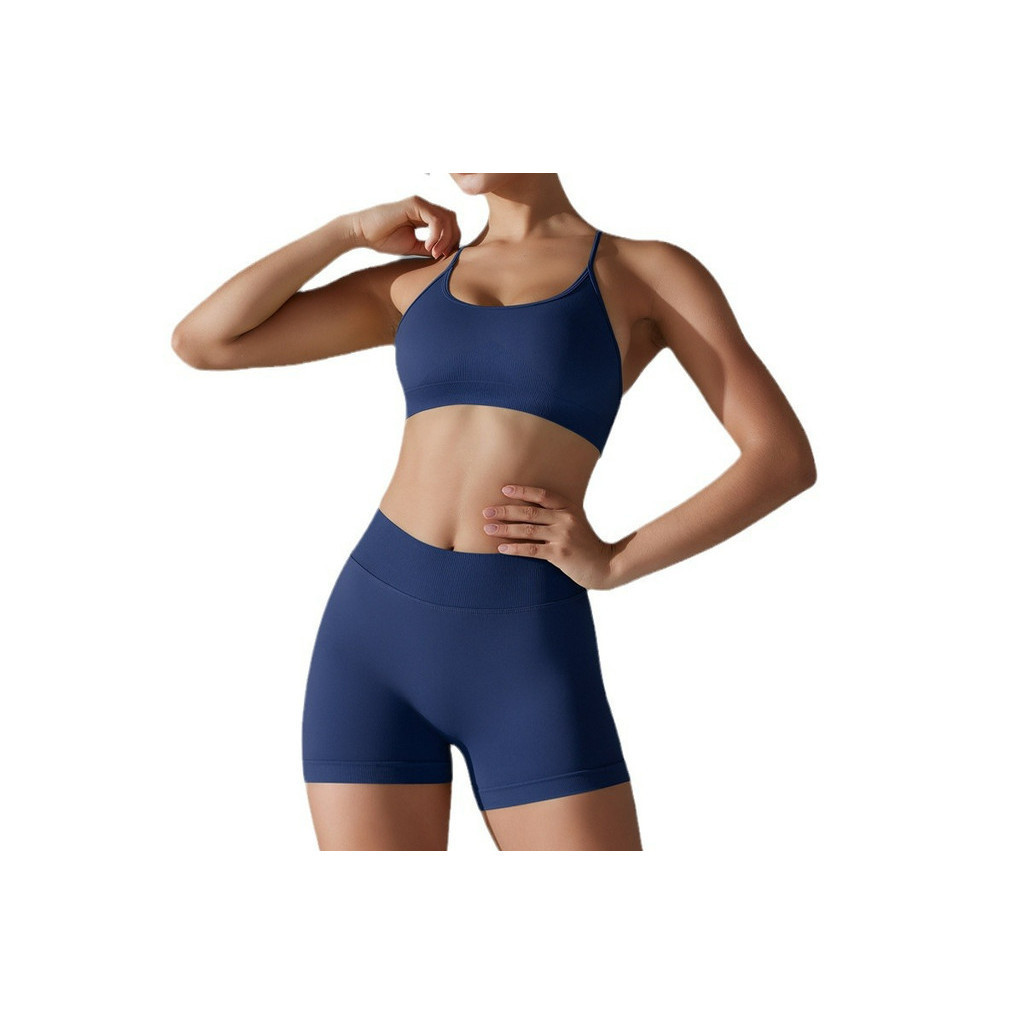 Yoga Sports Set Seamless Knitted Cross Back Sports Bra And High Waist Pleats Hip Sports Shorts — صورة 5