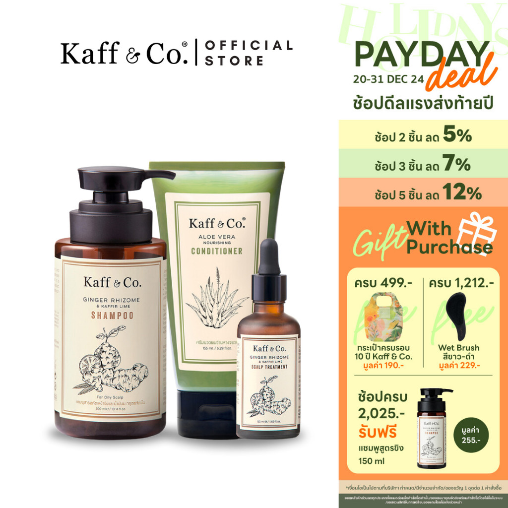 Kaff & Co. เซตผลิตภัณฑ์ ผมมัน ลีบ ขาดหลุดร่วง เส้นผมแห้ง แชมพูขิง & ครีมนวดผม & ทรีทเม้นท์ขิง