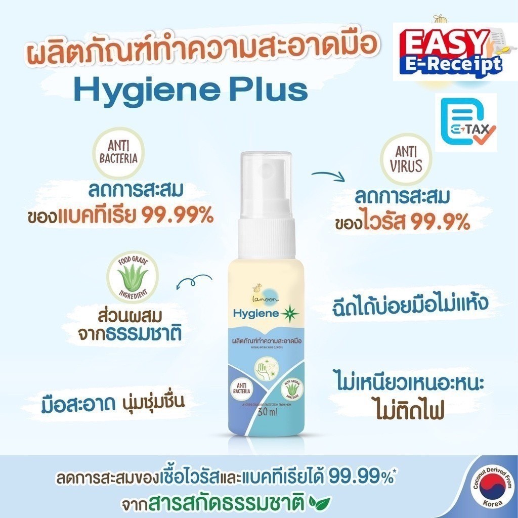 Lamoon ไฮจีนพลัส สเปรย์ล้างมือสำหรับเด็ก แบบพกพา30ml ฆ่าเชื้อไวรัสได้ มีใบรับรอง ส่วนผสมธรรมชาติ 100% Hygiene Plus ละมุน