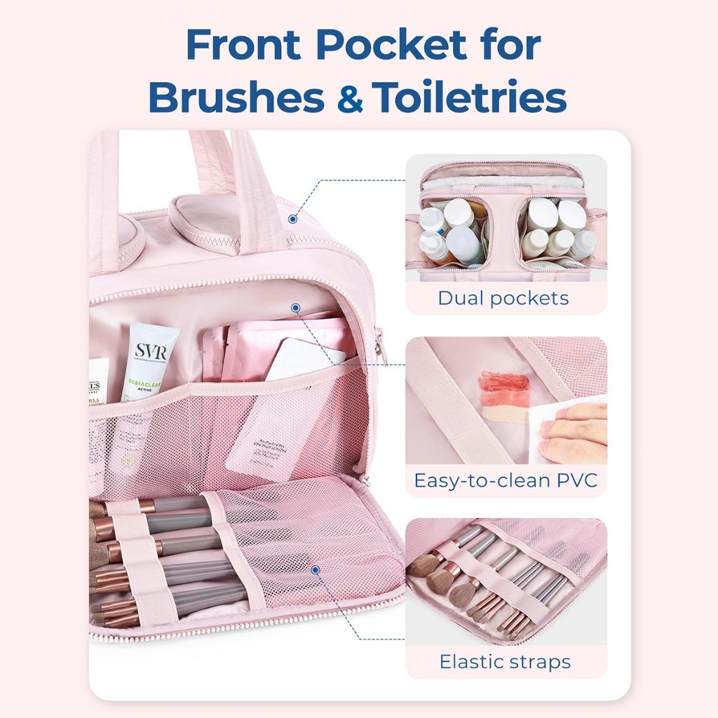 BAGSMART กระเป๋าแป้งน้ําหนักเบา Puffy Cosmetic Makeup Bag กระเป๋าเดินทางสําหรับผู้หญิง, ออแกไนเซอร์พร้อมที่จับสําหรับอุปกรณ์เสริม, จําเป็น, เครื่องใช้ในห้องน้ํา
