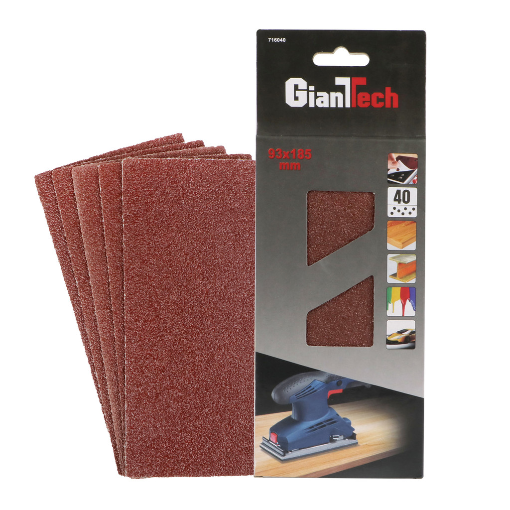 GIANTTECH กระดาษทรายเหลี่ยม เบอร์ 40 รุ่น 716040 ขนาด 93 x 185 มม. (แพ็ก 5 ชิ้น) สีแดง