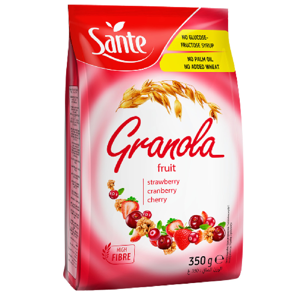 อาหารเช้าซีเรียลที่ทำจากธัญพืชอบกรอบผสมผลไม้แห้งหลากหลายชนิด Sante Granola With Fruit 350G