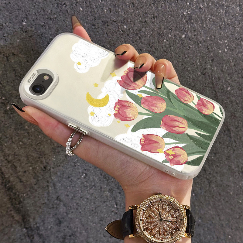 เคสสำหรับ iPhone 6 Plus 6s Plus 7 Plus 8 Plus SE 2020 X Xr Xs Max เคสโทรศัพท์ดอกไม้ใสทิวลิป