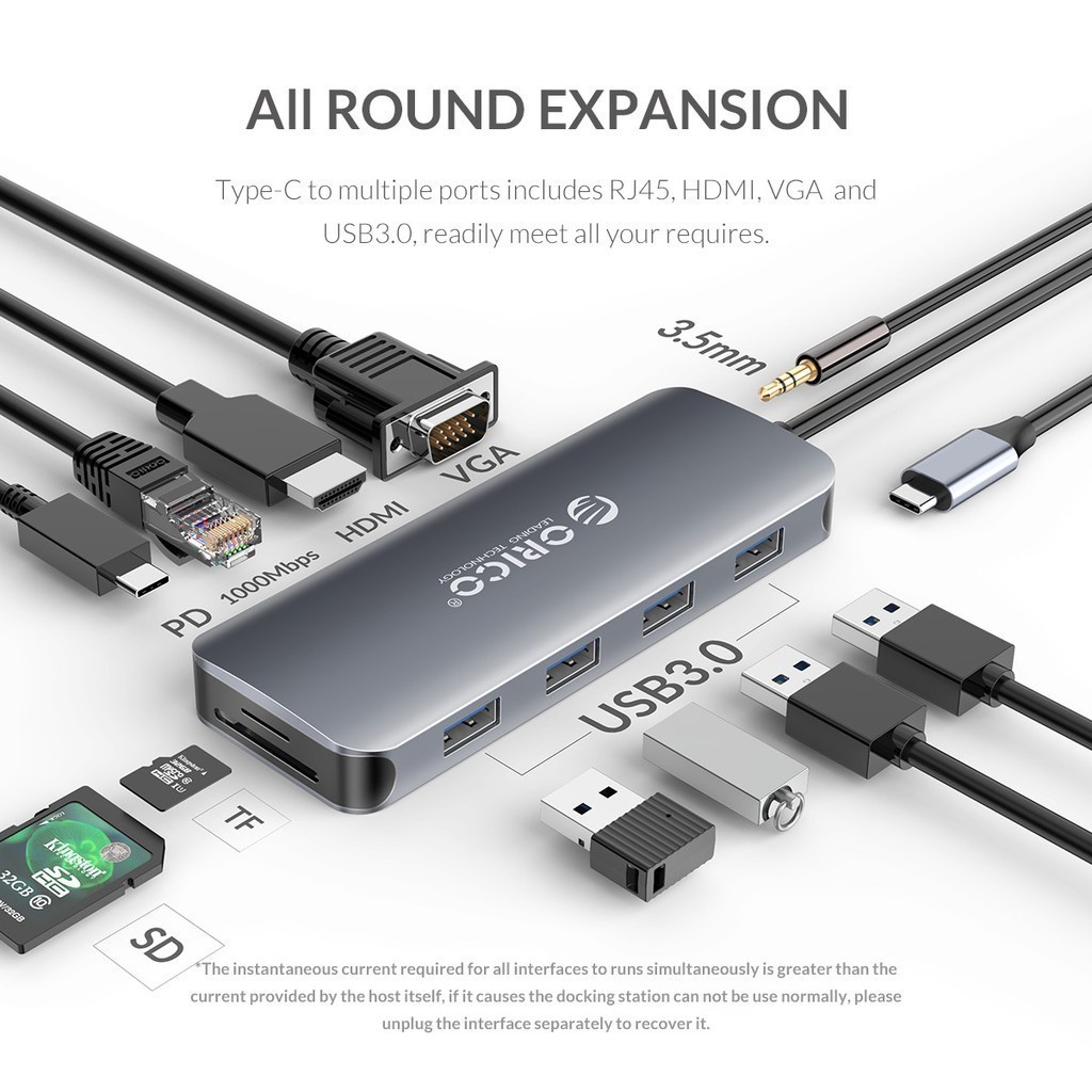 [ออกใบกำกับภาษีได้ E-TAX] ORICO MC-U111P USB-C Docking Station USB3.0 HDMI VGA 100W PD RJ45 Card Reader Audio Adapter
