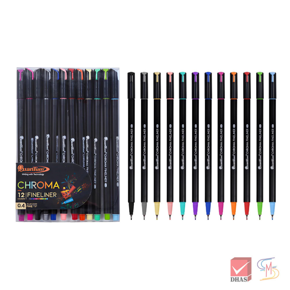 Quantum ปากกาสีน้ำ ปากกาไฟน์ไลน์เนอร์ โครมา 12 เฉดสี หัวเข็ม 0.4 จำนวน 12 ด้าม/เเพ็ค