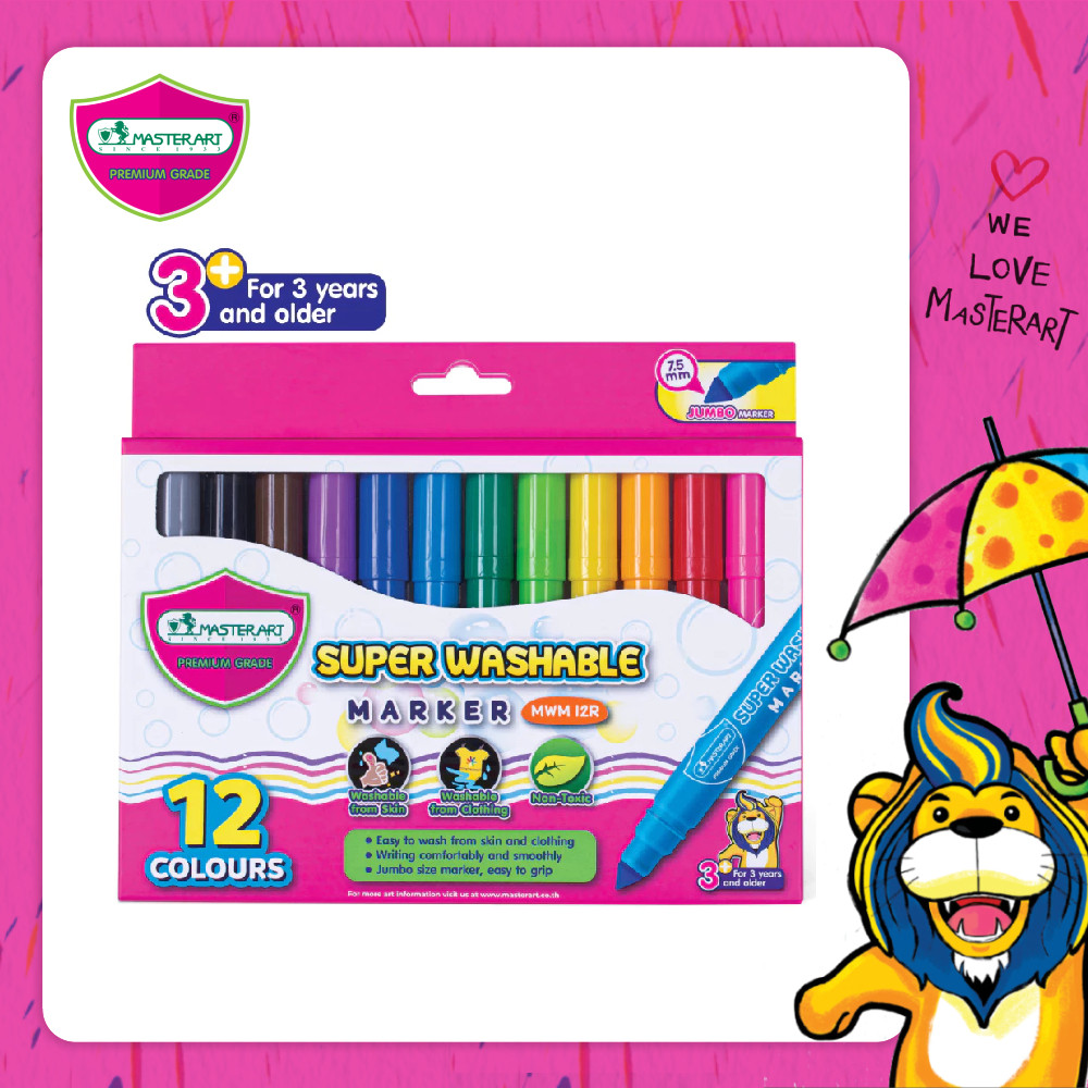 Master Art สีเมจิก ปากกาเมจิก ชนิดล้างออกได้ รุ่น MWM 12R แบบหัวเดียว 12 สี สีเสริมพัฒนาการเด็กวัย 3 ขวบขึ้นไป