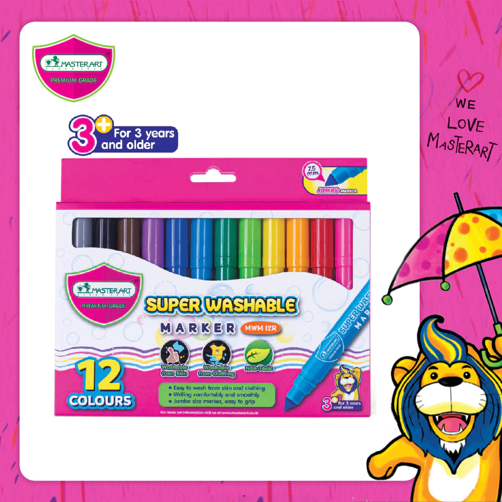 Master Art สีเมจิก ปากกาเมจิก ชนิดล้างออกได้ รุ่น MWM 12R แบบหัวเดียว 12 สี สีเสริมพัฒนาการเด็กวัย 3 ขวบขึ้นไป