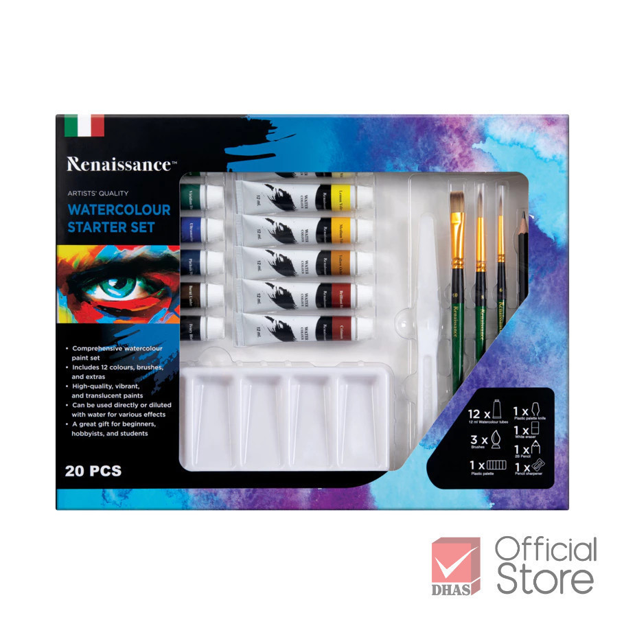 Renaissance ชุดสีน้ำ สีน้ำ 12 สี พร้อม อุปกรณ์วาดรูป ชุดสตาร์ทเตอร์ 20 ชิ้น จำนว