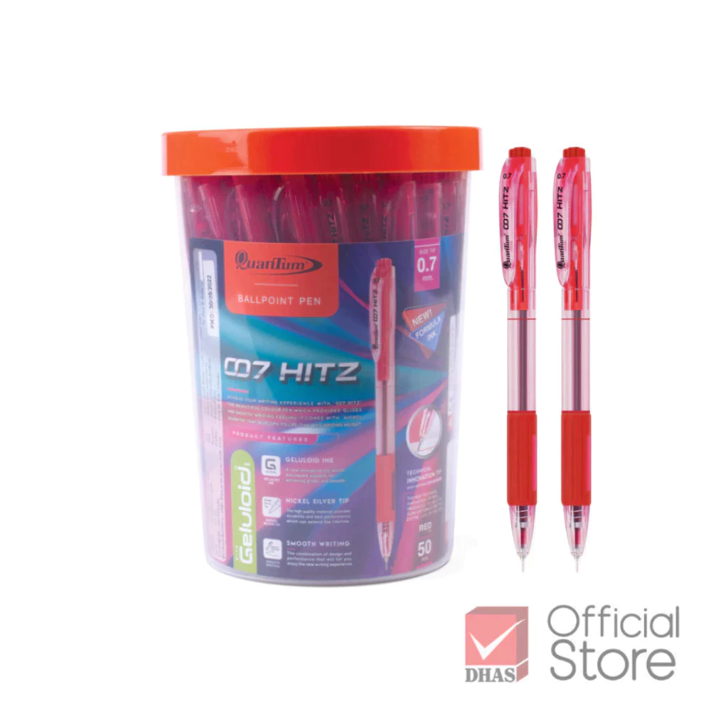 Quantum ปากกาลูกลื่น รุ่น 007 Hitz 0.7 มม. หมึกแดง (Low Viscosity) - กระปุก 50 ด้าม