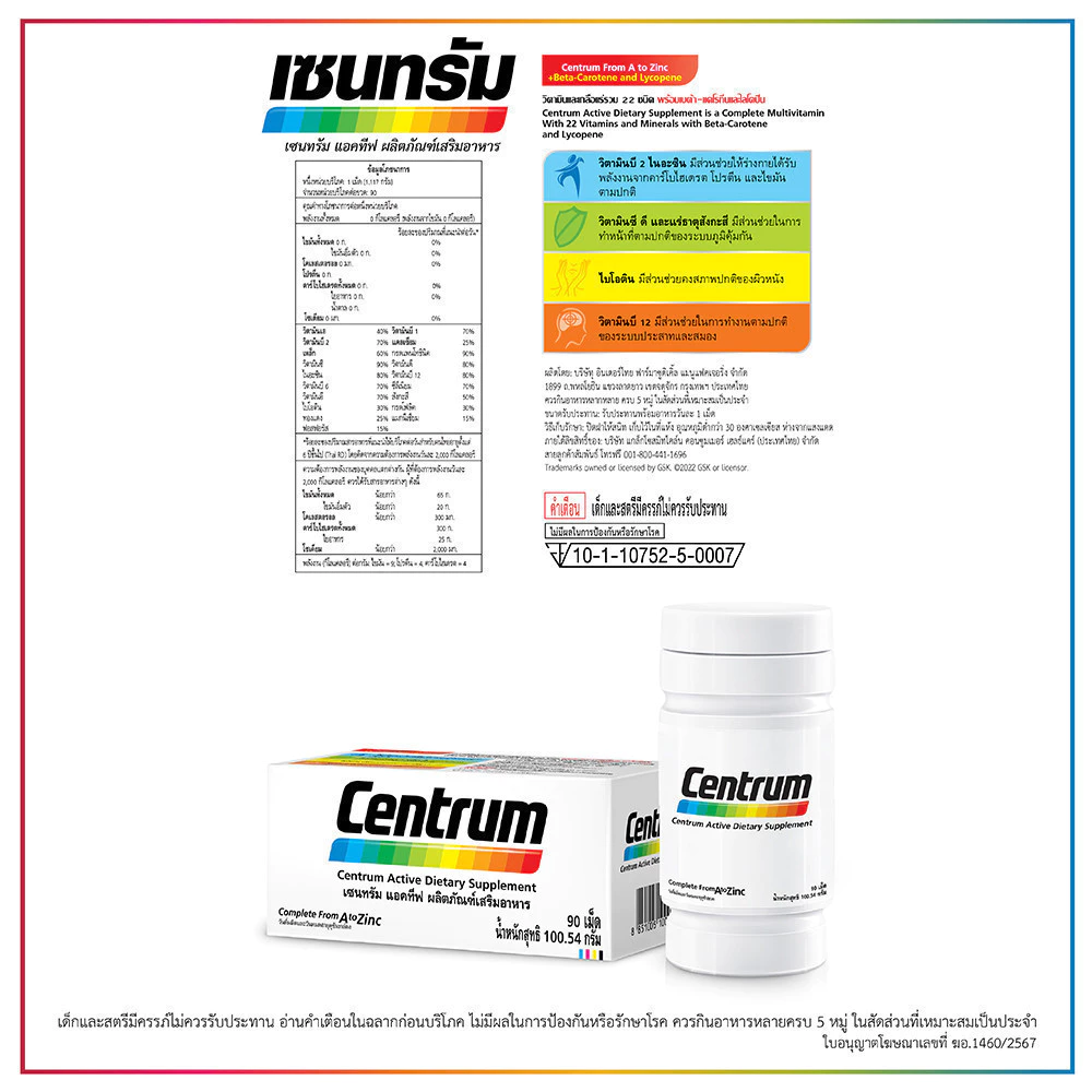 CENTRUM ACTIVE DIETARY SUPPLEMENT 90TABS เซนทรัม ผลิตภัณฑ์เสริมอาหาร วิตามินรวม สำหรับทุกคน 90 เม็ด รักษา thumbnail 5