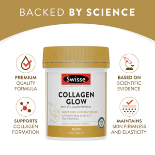 Swisse Beauty Collagen Glow with Collagen Peptides คอลลาเจนเพิ่มความงาม สารสกัดคอลลาเจน 120 เม็ด (EXP:07 2027)