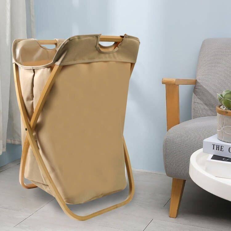 CUSHY ตะกร้าผ้าโครงไม้ไผ่ ตะกร้าผ้ามินิมอล Oxford Fabric กันน้ำ SHARON X-FRAME BAMBOO LAUNDRY BASKET