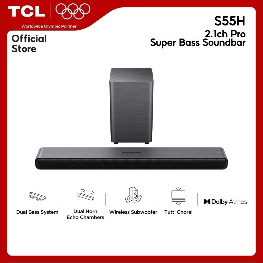 TCL Sound Bar พลังเสียง 220W รองรับ Bluetooth 5.3 รุ่น S55H พร้อม Subwoofer ไร้สาย ขนาด 810 มิลลิเมตร 2.1 Channel Dolby