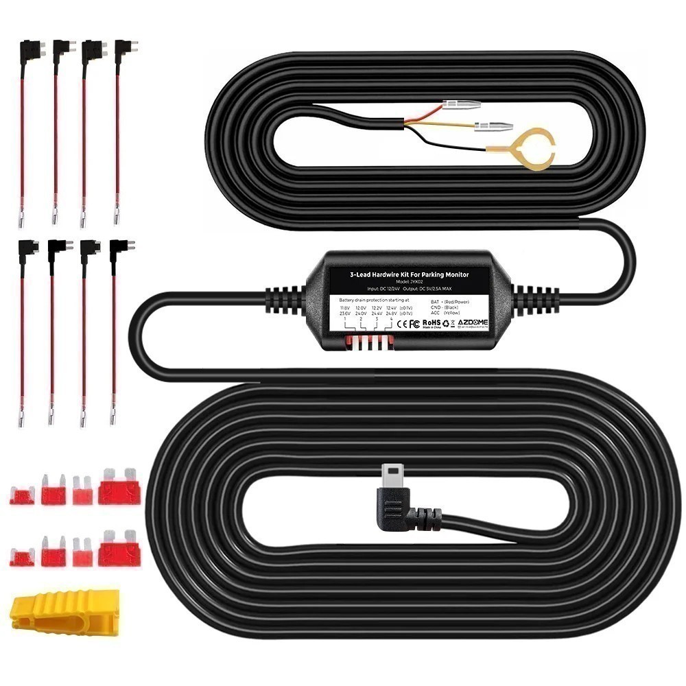 AZDOME Hardwire Kit ให้กล้องหน้ารถ บันทึกหลังดับเครื่องยนต์ ความยาว 3.5 เมตร พร้อมชุด Fuse Kit และ L