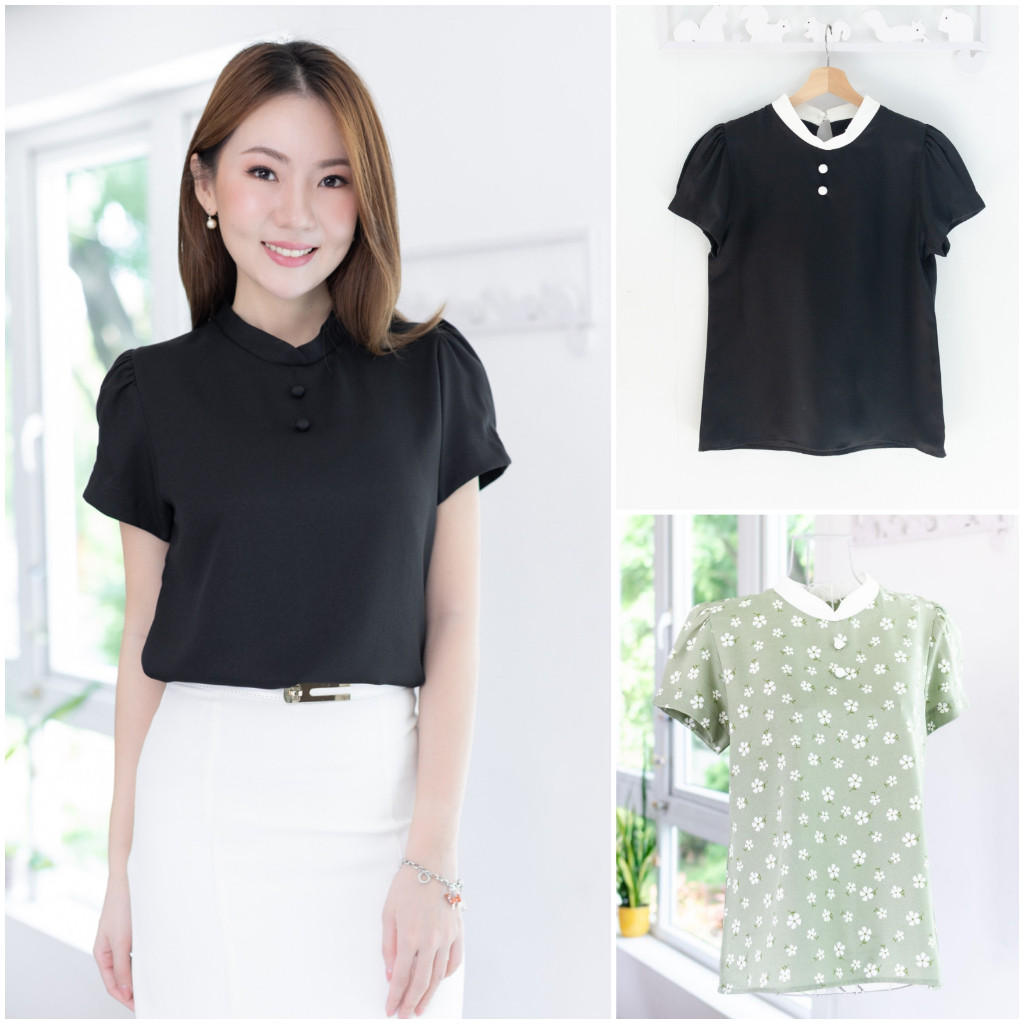 Narinari : MT3906 Overlap Collar Double Button Blouse เสื้อคอปิดซ้อน แต่งกระดุมหลอกด้านหน้า ผ้าโฟร์เวย์