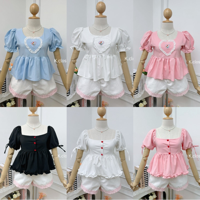 เสื้อแขนตุ๊กตาคอเหลี่ยมทรงน่ารัก detail ปักหัวใจและกระดุมหัวใจรุ่นนี้มีสองแบบให้เลือกค่า￼