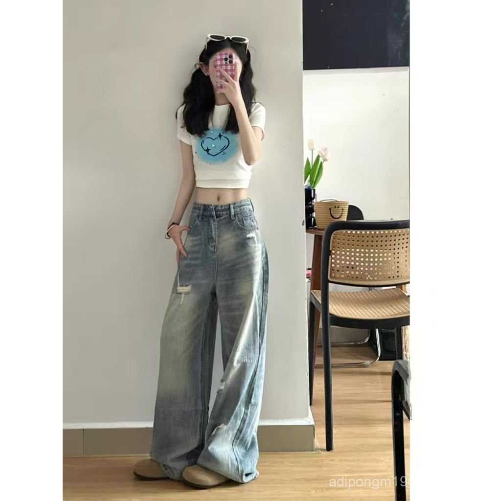 Vogue jeans🍩🔝หลุมย้อนยุค เอวสูงกางเกงยีนส์สไตล์เกาหลีผู้หญิง ทรงลิซ่า งานฮอตที่สุดในเวลานี้💚การออกแบ