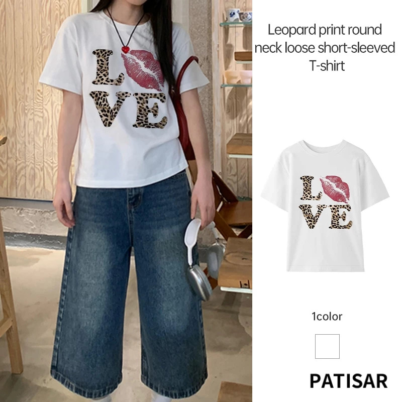 ผู้หญิงแฟชั่นแขนสั้นเสื้อยืดฤดูร้อน Y2K เสือดาวพิมพ์เสื้อยืดรอบคอด้านบน PR