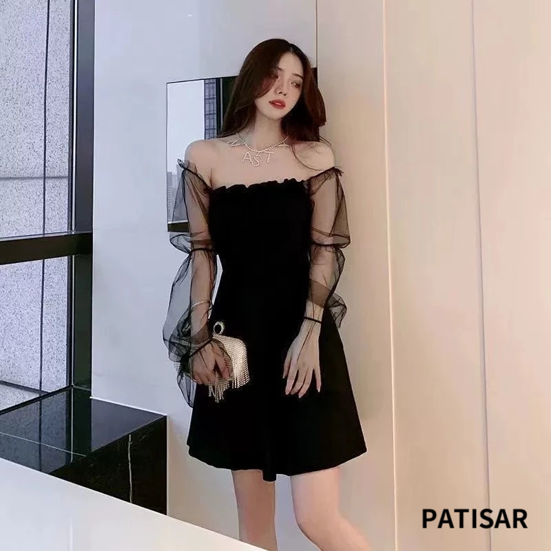 ชุดเดรสดำ รัดรูป เหนือเซ่า ปาดไหล่แขนยาวสายเดี่ยว เซ็กซี่ หุ่นดี ใส่แล้วดูผอม คนอ้วนใส่ได้ สำหรับผู้หญิง PR - รูปที่ 6