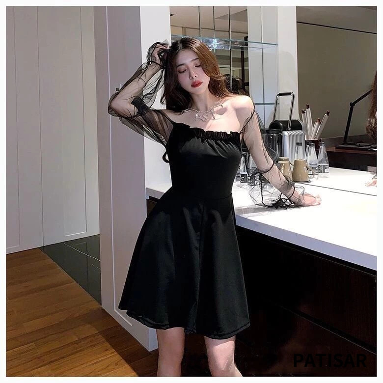ชุดเดรสดำ รัดรูป เหนือเซ่า ปาดไหล่แขนยาวสายเดี่ยว เซ็กซี่ หุ่นดี ใส่แล้วดูผอม คนอ้วนใส่ได้ สำหรับผู้หญิง PR - รูปที่ 3