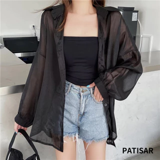 เสื้อเชิ้ตสีพื้น ทรงหลวม เสื้อเชิ้ต แขนยาว สื้อป้องกันแสงแดด สไตล์เกาหลี แฟชั่นฤดูใบไม้ผลิ ผ้ามีแวววาว PR