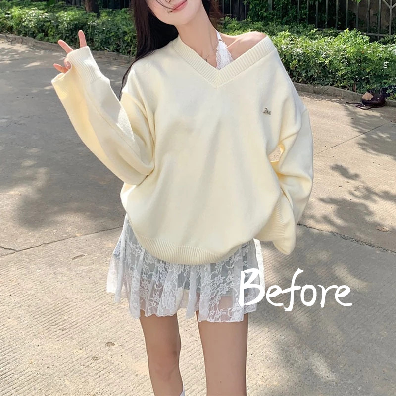 เสื้อกันหนาวหลวมสไตล์เกาหลีอเนกประสงค์เสื้อถักหวานผู้หญิงเสื้อถักคอวีสไตล์อิดโรย BF