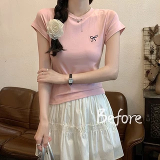 เสื้อยืดแขนสั้นปักโบว์ เสื้อยืดสั้นกระชับสัดส่วน ด้านบนคอกลมสีทึบ BF