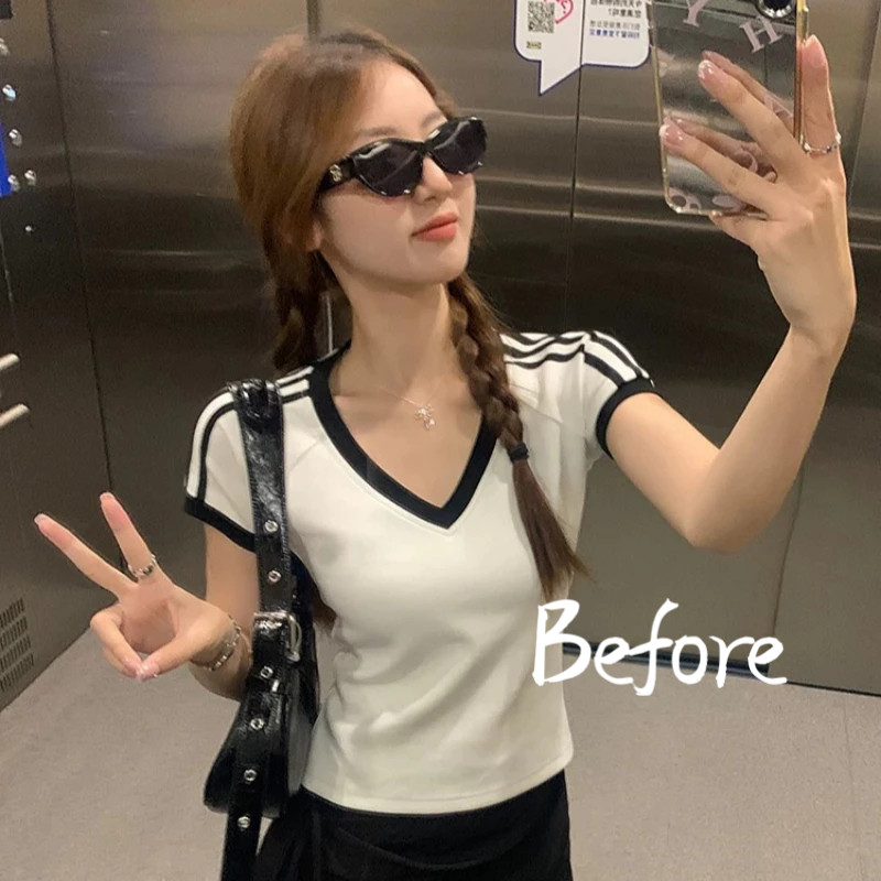 ผู้หญิงสบายๆ Slim FITTING เสื้อยืดคอวีตัดกันเสื้อยืดแขนสั้นสาวร้อนสั้น TOP BF