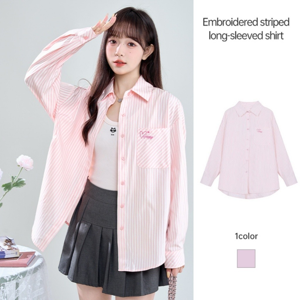 พร้อมส่ง Honey Toast Shirt (แขนยาว) เสื้อเชิ้ตคอปกแขนยาว โอเวอร์ไซส์ ดีเทลกระดุมหัวใจ2หัวใส่ได้หลาย LIVE