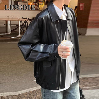 หลิงดี้ ย้อนยุคแจ็คเก็ตหนังสีน้ําตาลผู้หญิงสั้นสไตล์เกาหลีหล…