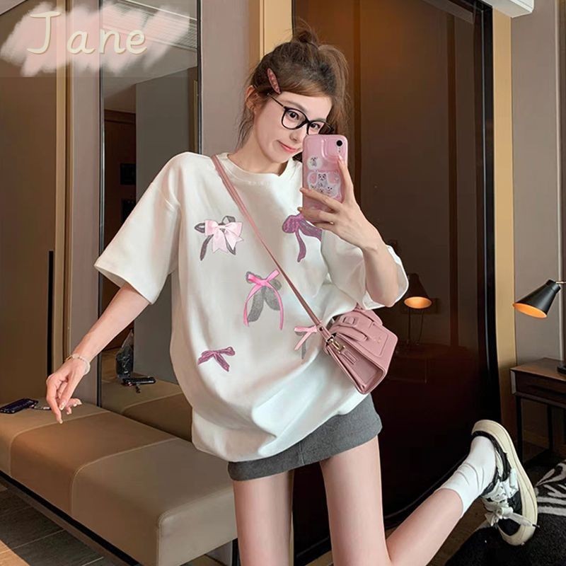 เสื้อยืดแขนสั้นโบว์สีขาวผู้หญิงฤดูร้อน Ins เสื้อยืดอเนกประสงค์หลวมสุดหวาน JN
