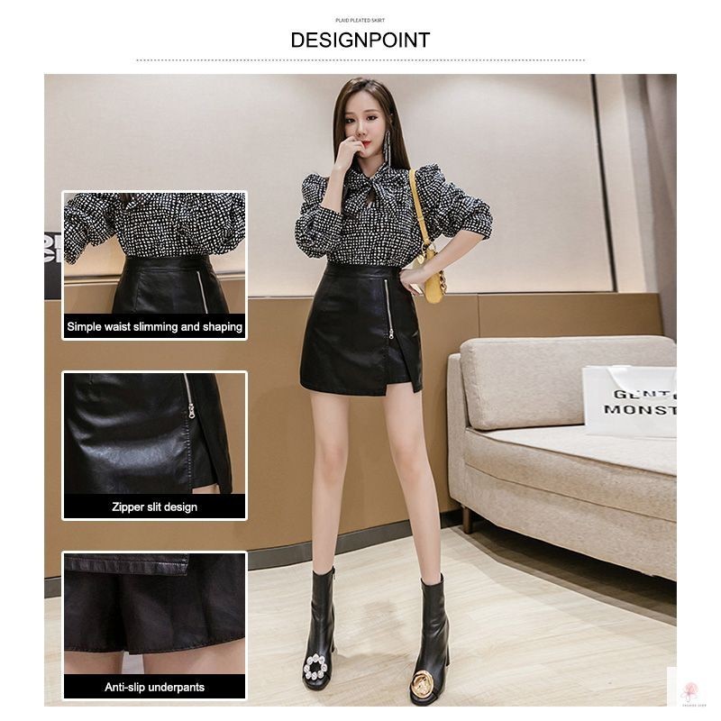 กระโปรงเอวสูงหนังทรงเอหนัง PU มีซิปด้านข้าง VIDO